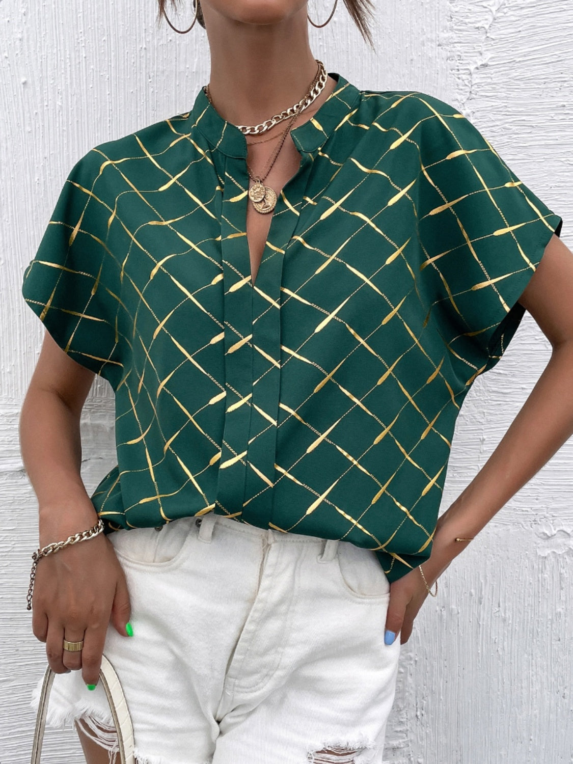 Printed Notched Short Sleeve Blouse