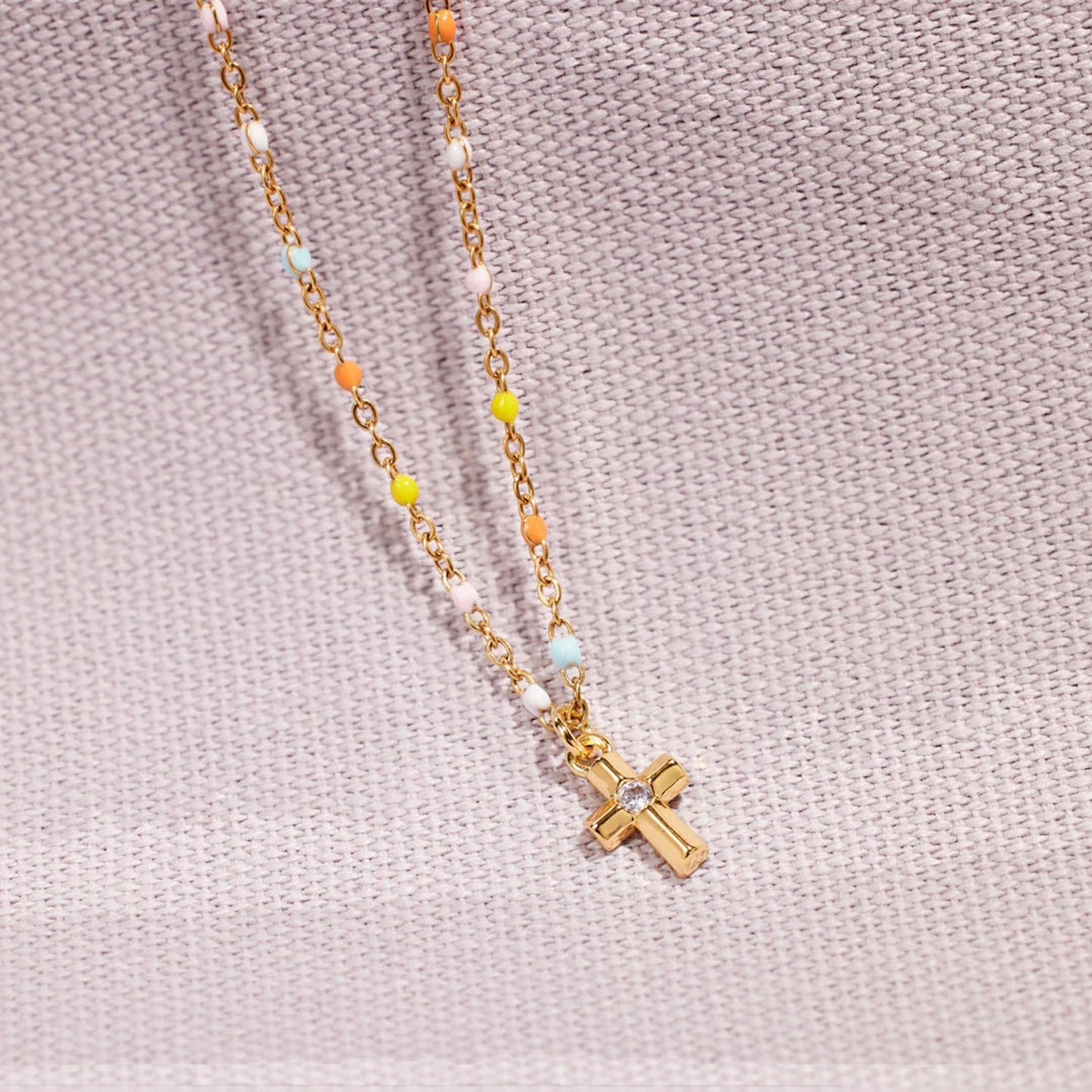 Cross Bead Multicolor Inlaid Zircon 18K Gold-Plated Necklace