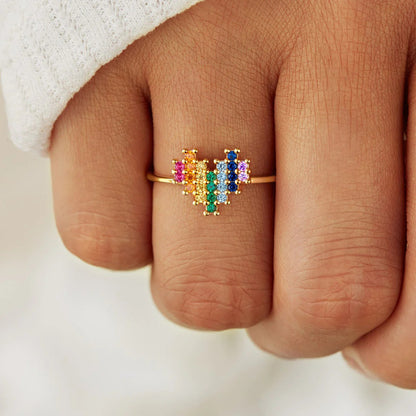 Rainbow Colored Heart Zircon 925 Sterling Silver Ring