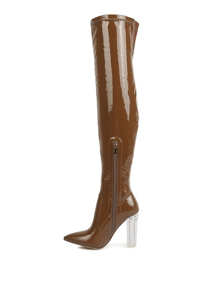 Elektra Over Knee High Clear Heel Patent Leather Boots