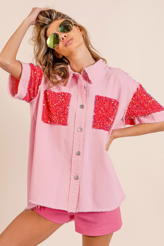 Tanner Sequin Detail Raw Hem Short Sleeve Shirt  - Pink/Fuchsia
