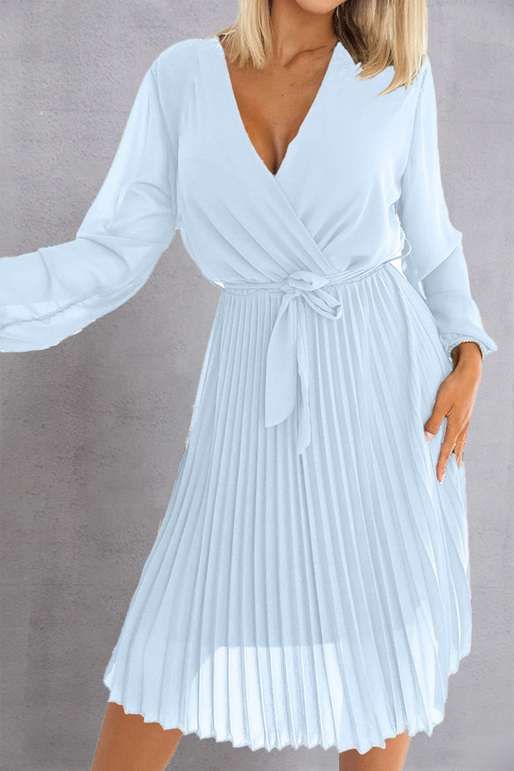 Tied Waist Long Sleeve Pleated Dress