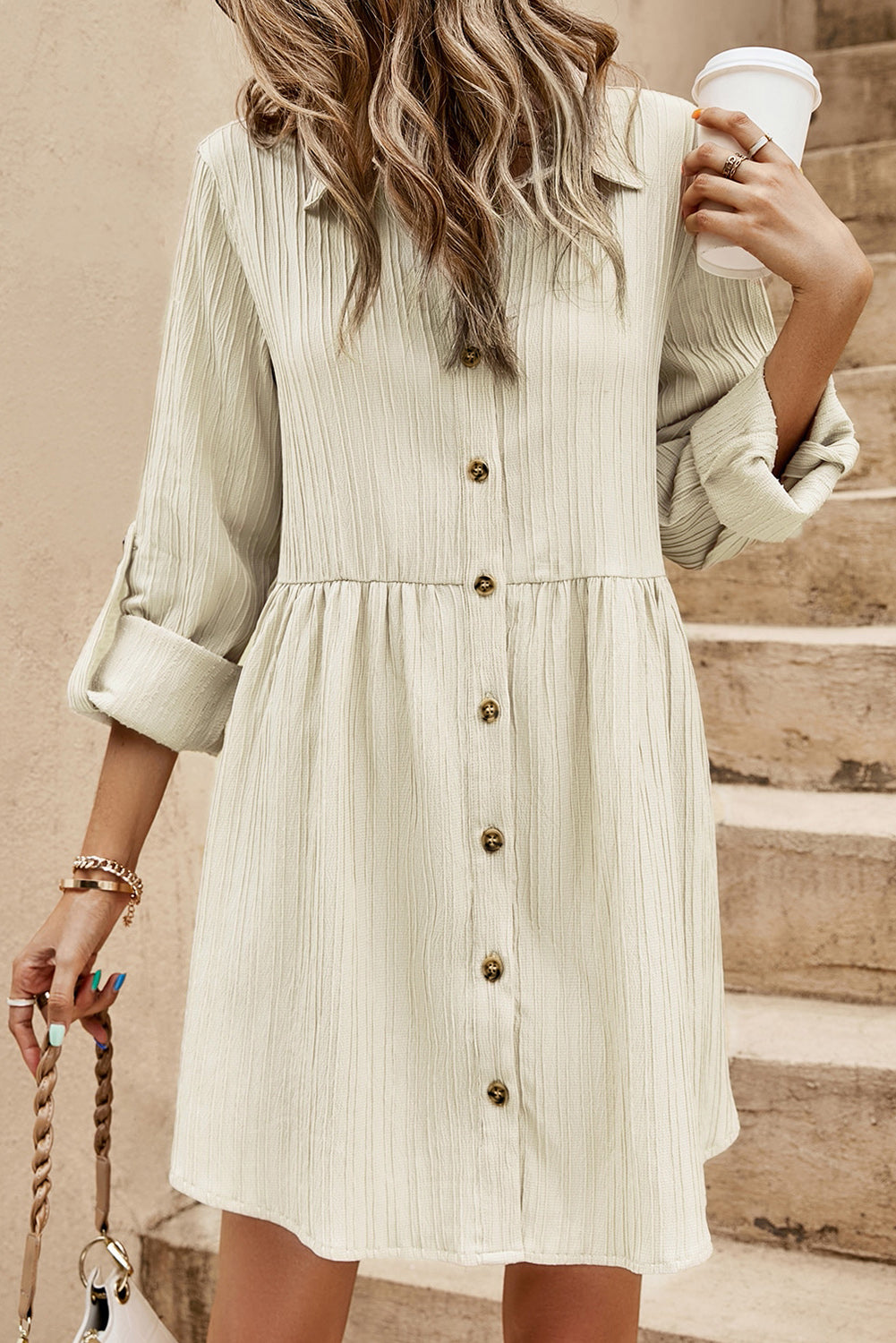 Textured Roll-Up Sleeve Button Front Dress