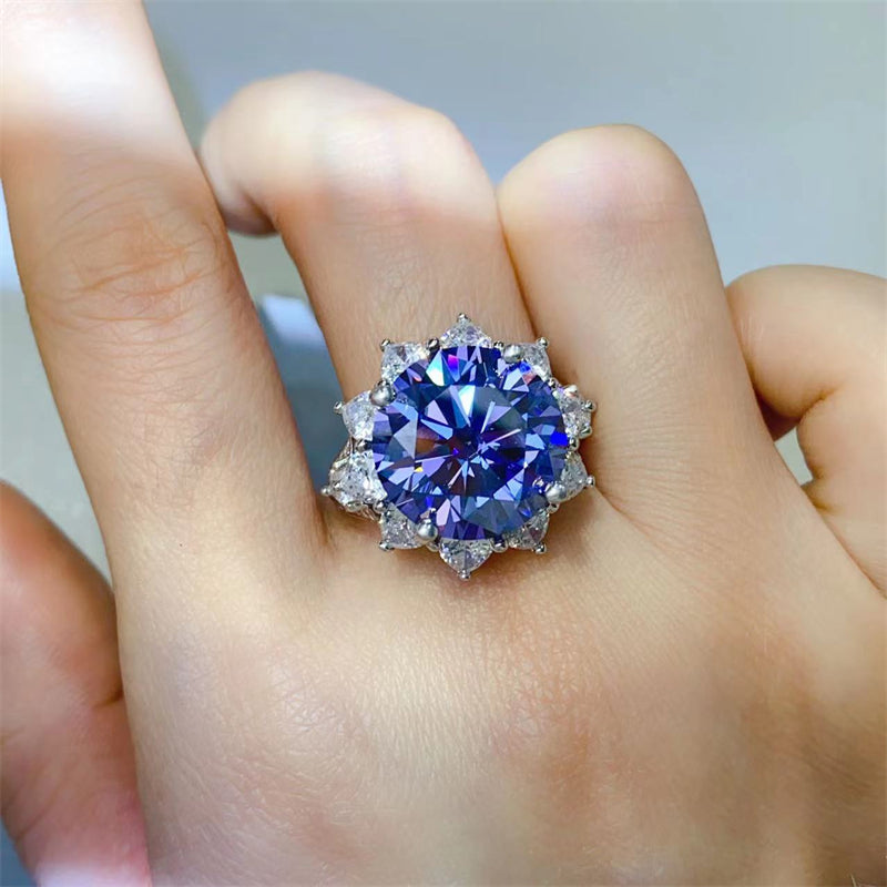 Azure Petal Round 10 Carat Moissanite 925 Sterling Silver Flower Shape Ring