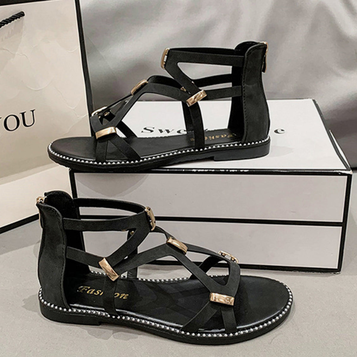 Alana Open Toe Back Zipper Flat Sandals