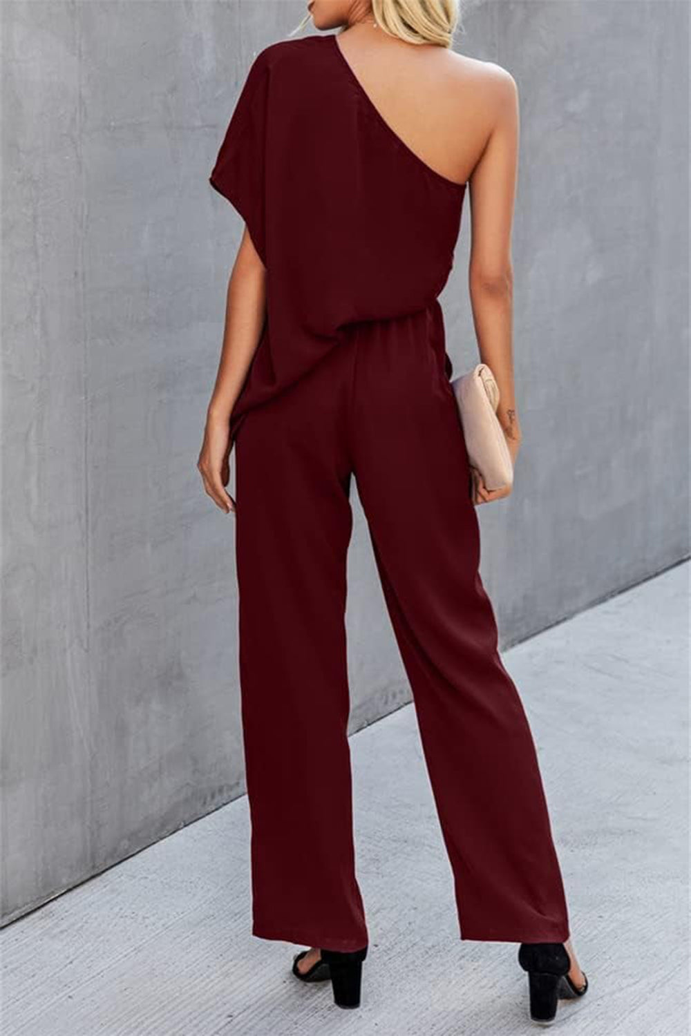 Single Shoulder Short Sleeve Jumpsuit - Black