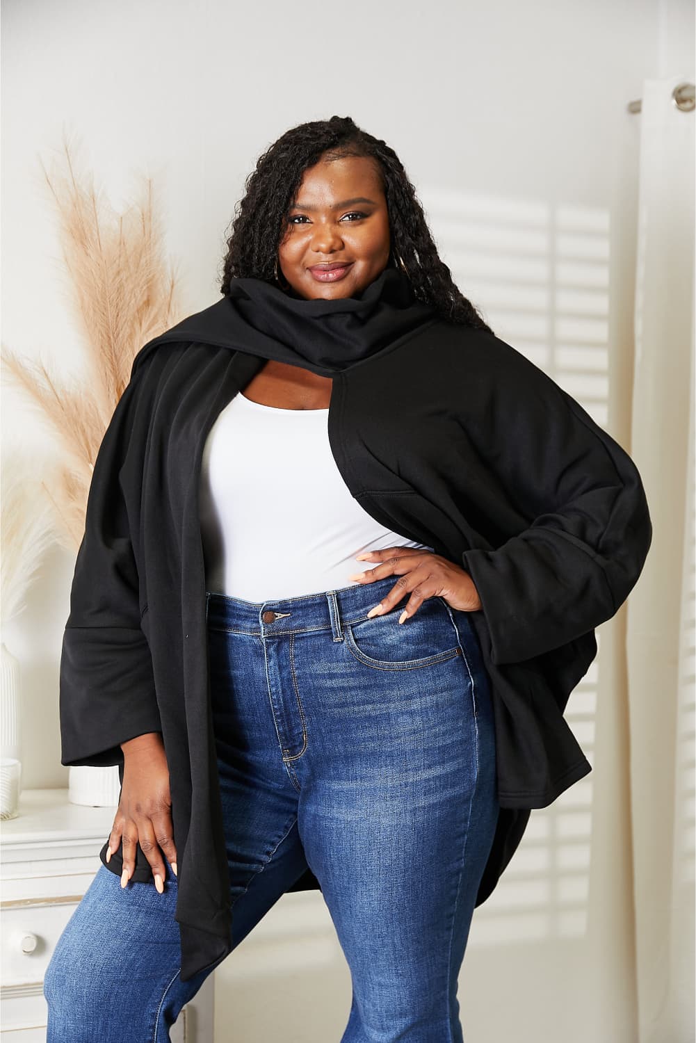 Full Size Open Front Cardigan with Scarf Design - Black