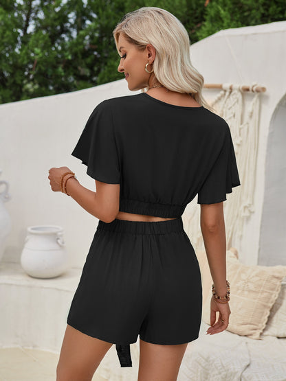 Flutter Sleeve Top and Tied Shorts Set