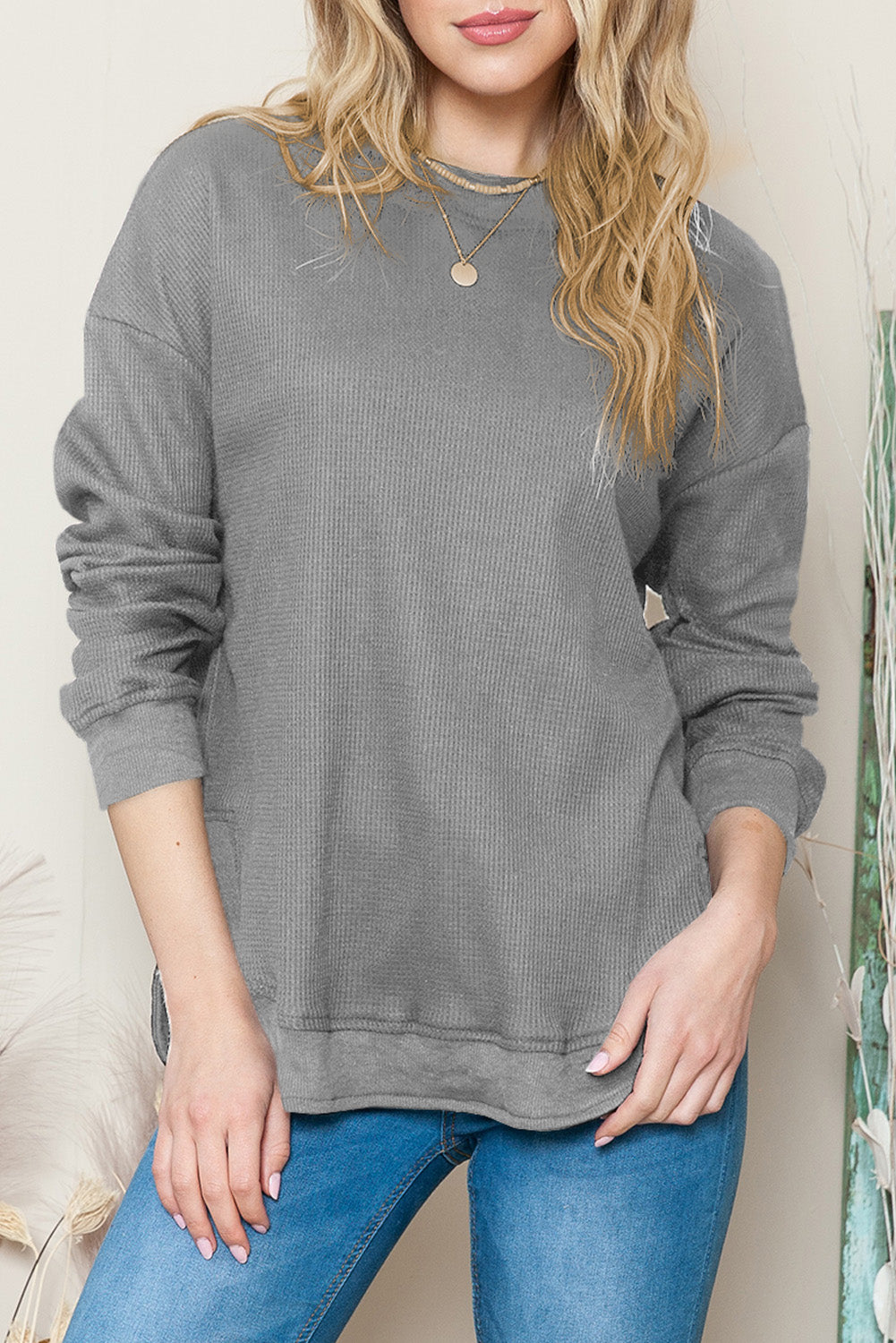 Grey Plain Crew Neck Ribbed Trim Waffle Knit Long Sleeve Top