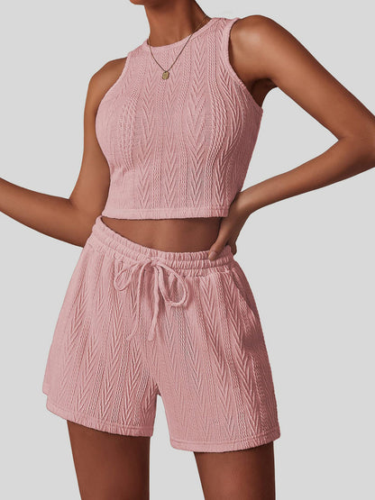 Textured Round Neck Top and Shorts Set