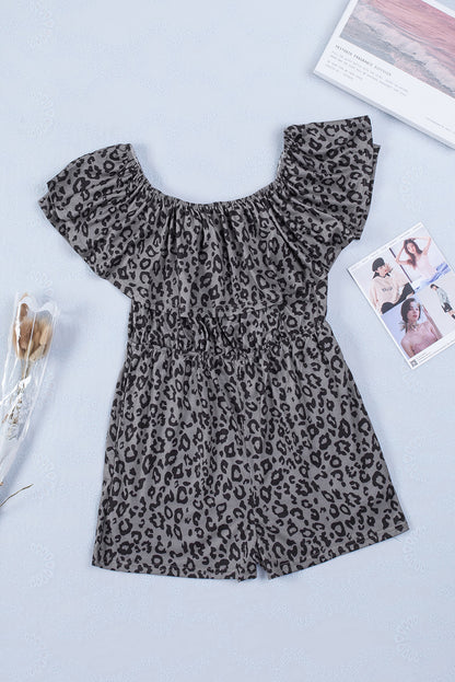 Leopard Print Ruffle Pocket Off Shoulder Romper