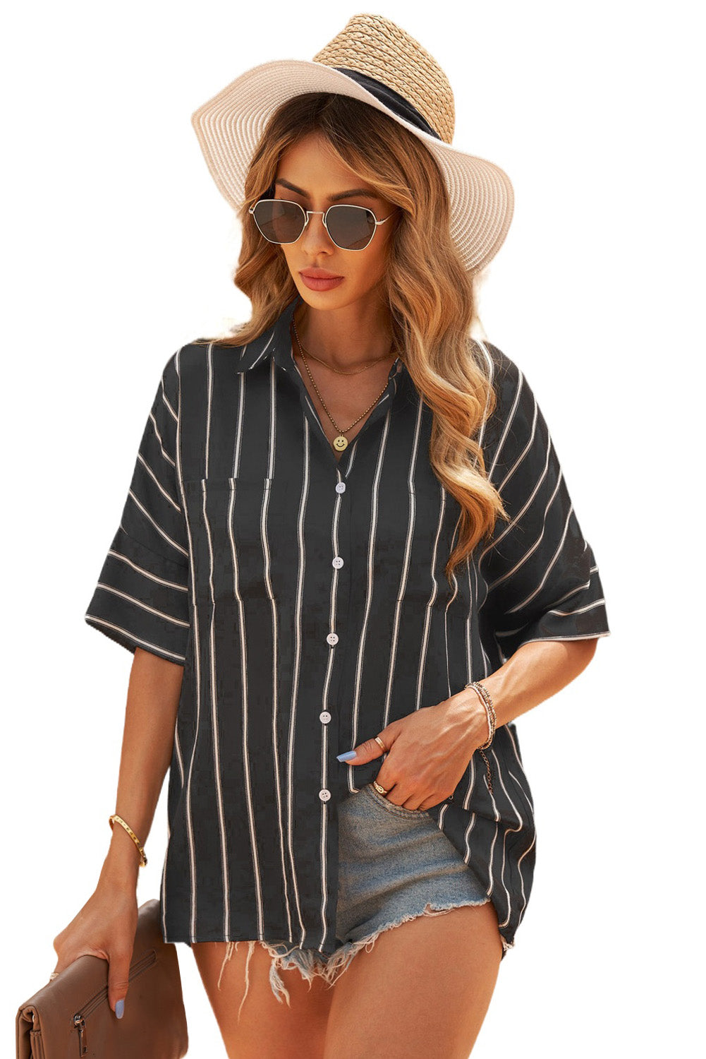 Black Striped Casual Short Sleeve Shirt with Pocket