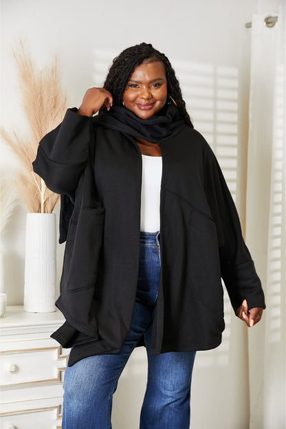 Full Size Open Front Cardigan with Scarf Design - Black