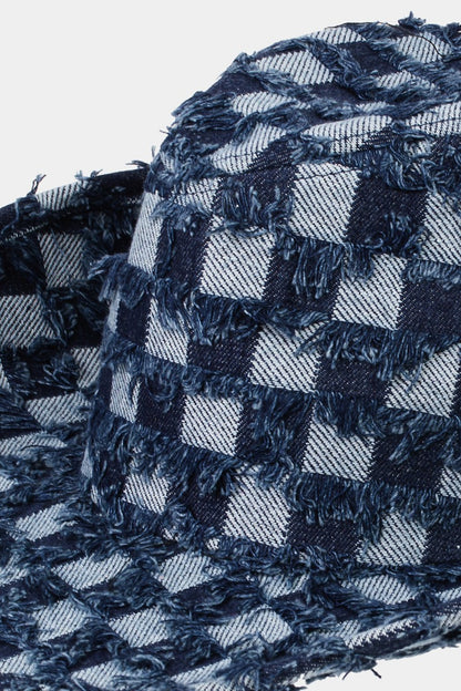 Checkered Fringe Denim Cowboy Hat