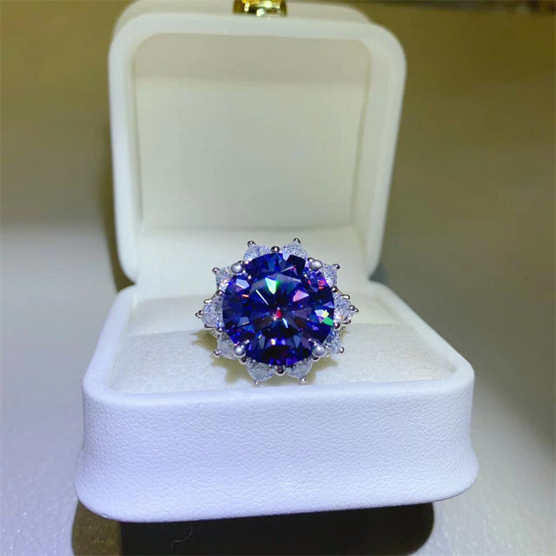 Azure Petal Round 10 Carat Moissanite 925 Sterling Silver Flower Shape Ring