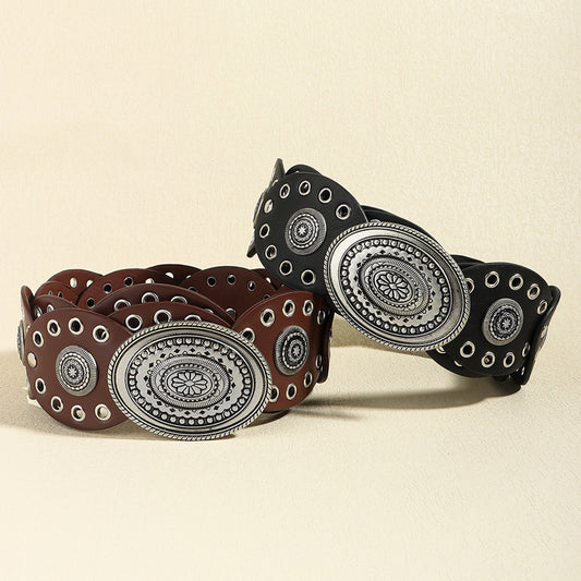 Bohemian Oval Buckle Studded Wide PU Belt