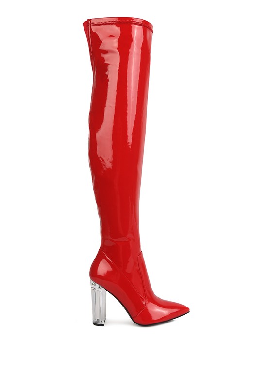 Elektra Over Knee High Clear Heel Patent Leather Boots