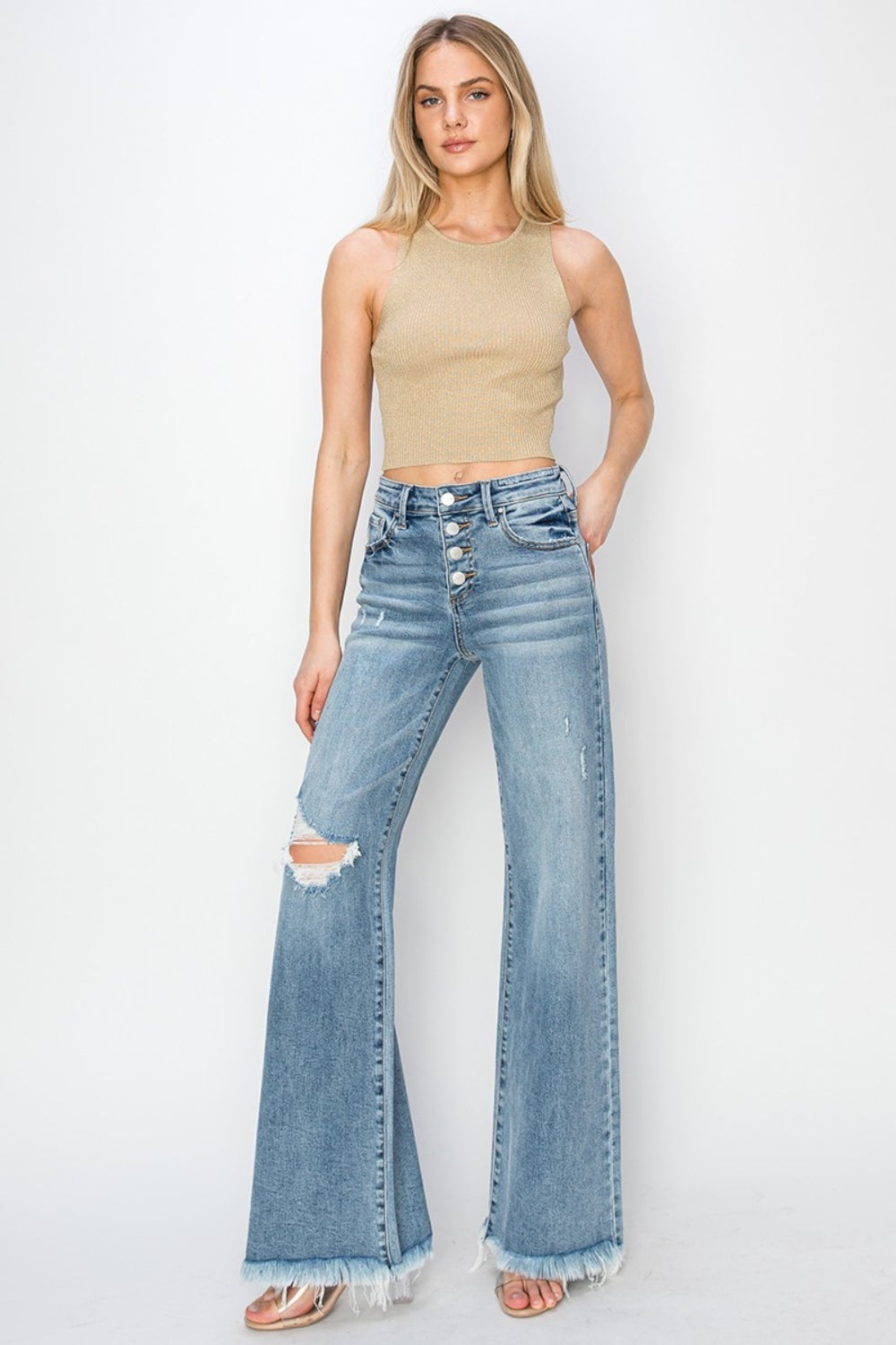 Ashley Mid Rise Button Fly Wide Leg Jeans