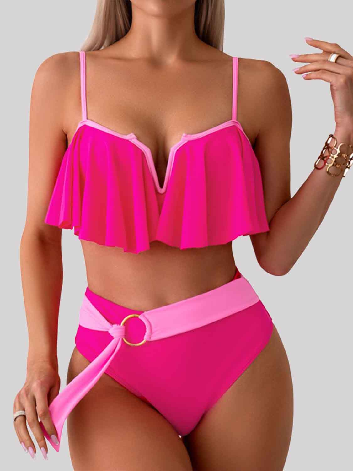 Spaghetti Strap Curtain Front Notched Bikini Set