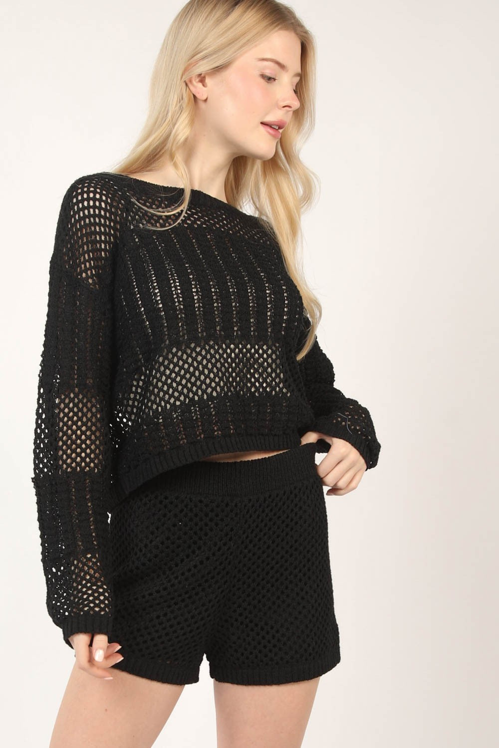 Knitted Openwork Cropped Cover Up and Shorts Set