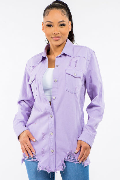 Frayed Hem Distressed Denim Jacket - Lavender