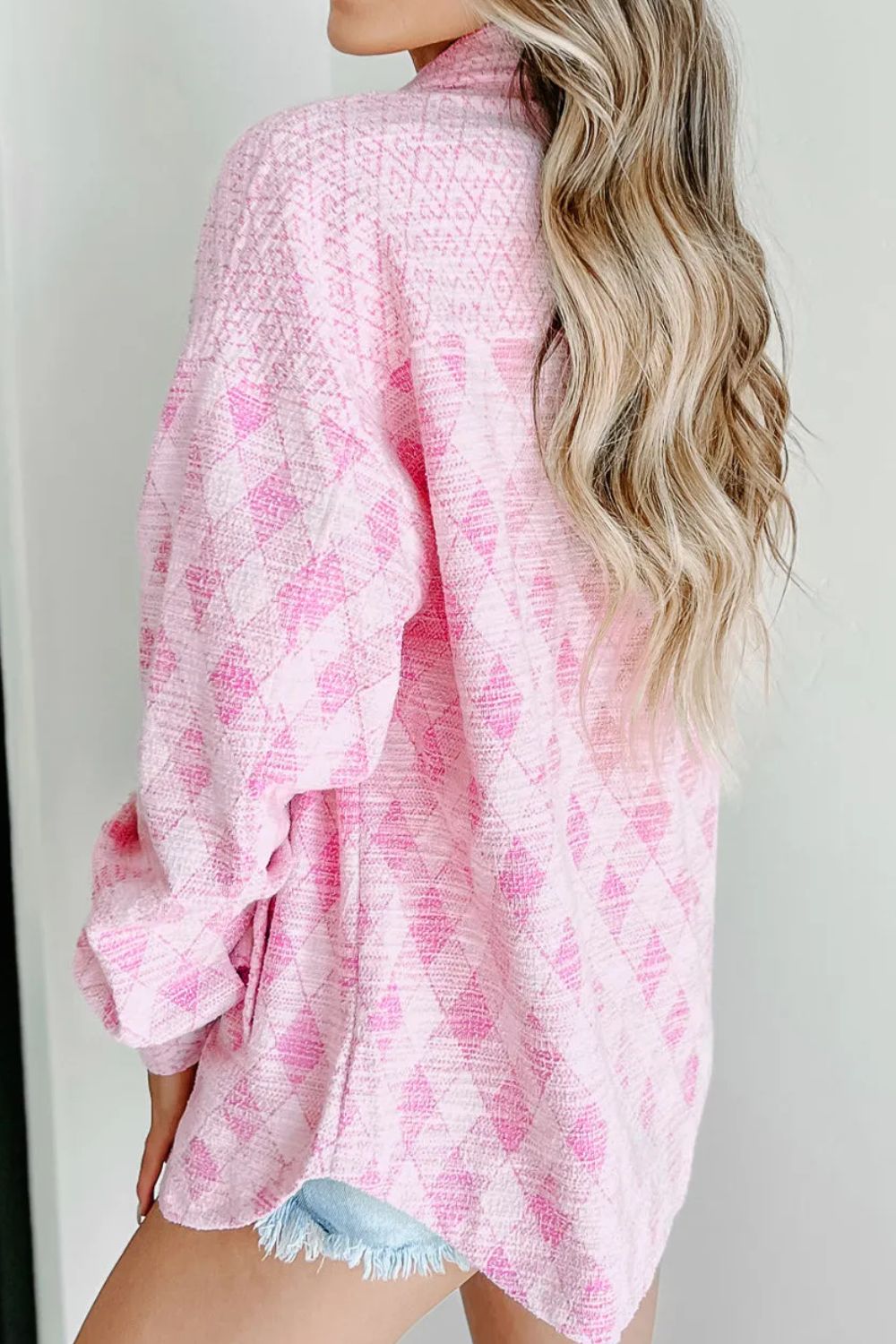 Plaid Collared Neck Long Sleeve Jacket - Light Pinkk