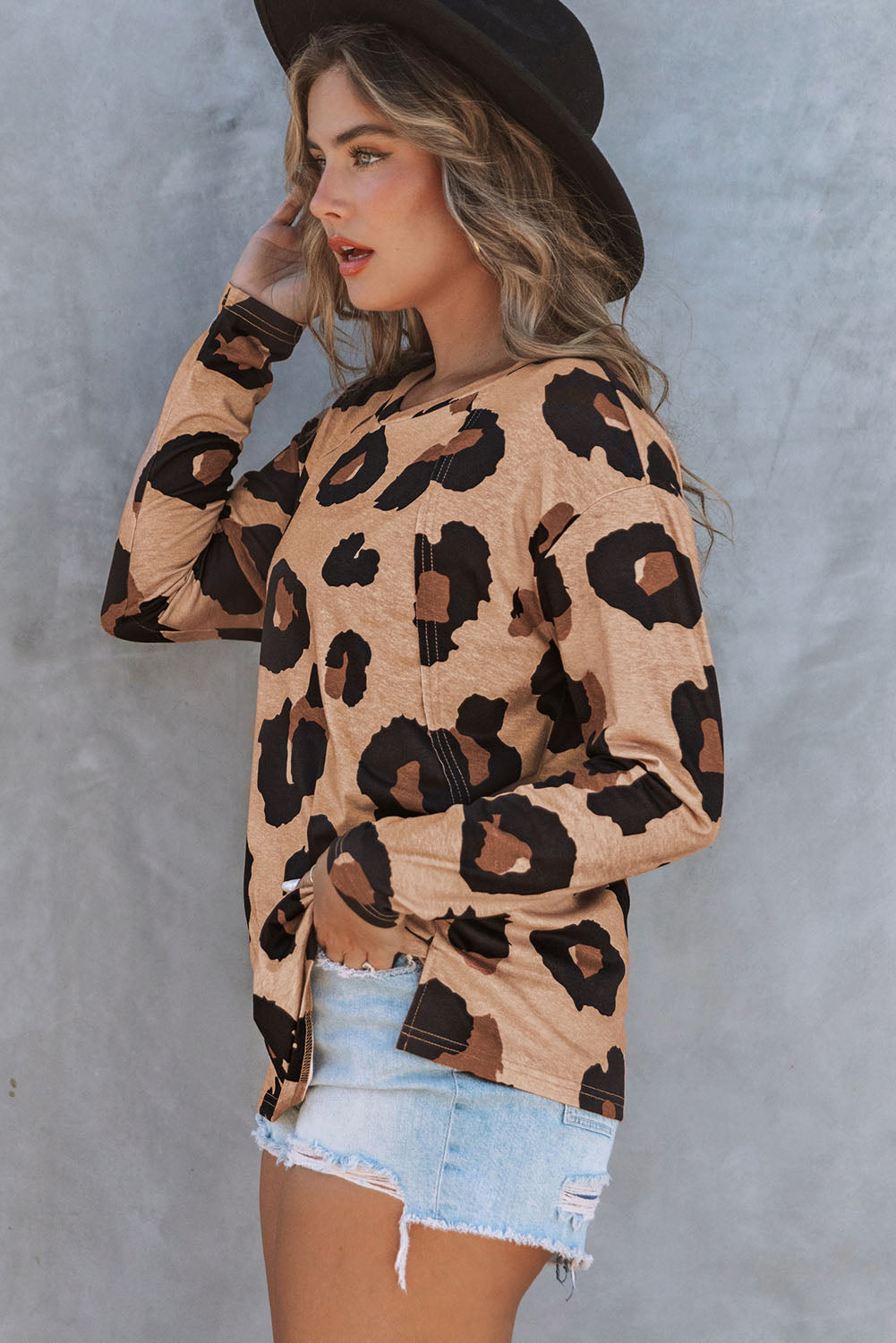 Leopard Print Drop Shoulder Pullover Long Sleeve Top