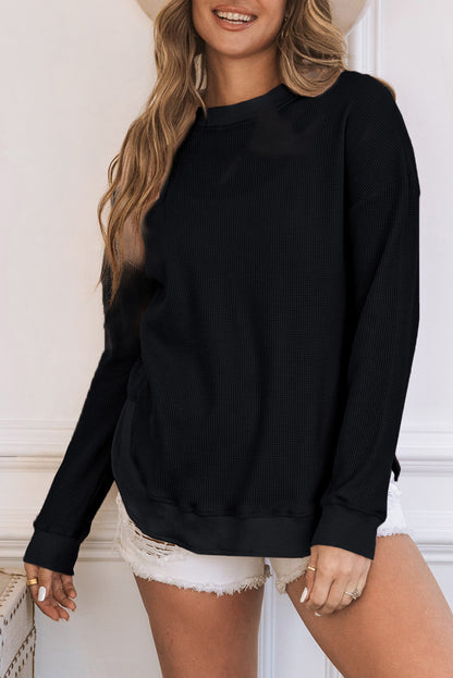 Grey Plain Crew Neck Ribbed Trim Waffle Knit Long Sleeve Top