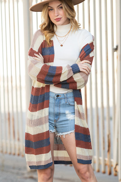 Black Striped Color Block Casual Hollow Cable Knit Cardigan