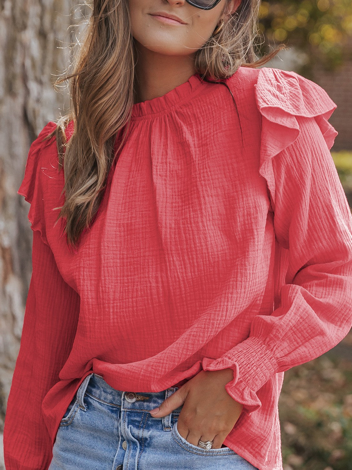 Cotton Frill Mock Neck Long Sleeve Blouse