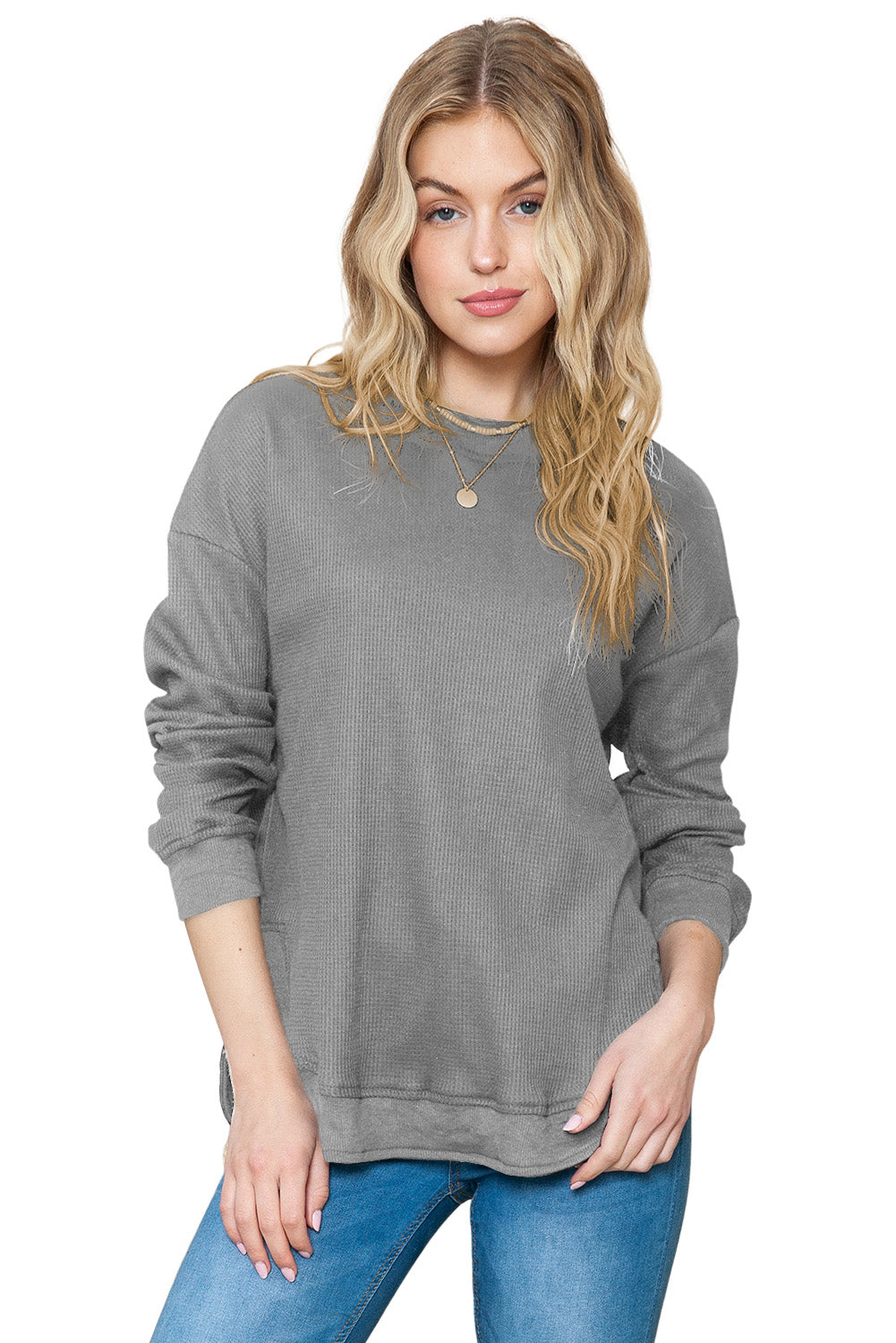 Grey Plain Crew Neck Ribbed Trim Waffle Knit Long Sleeve Top