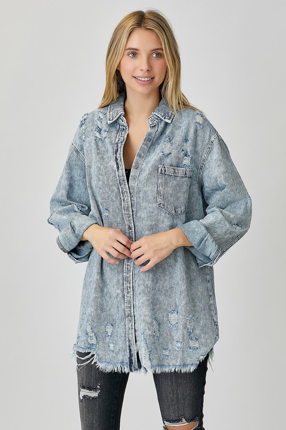 Distressed Raw Hem Denim Shirt