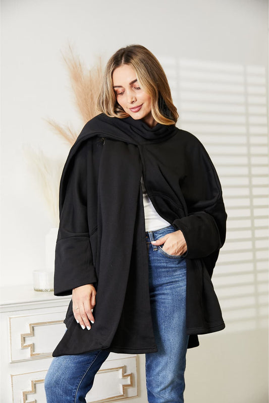 Full Size Open Front Cardigan with Scarf Design - Black