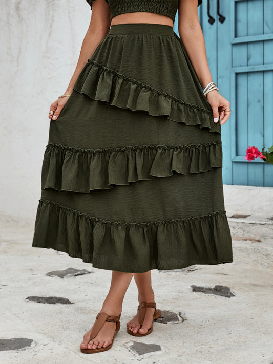 Nesta Ruffled Elastic Waist Midi Skirt