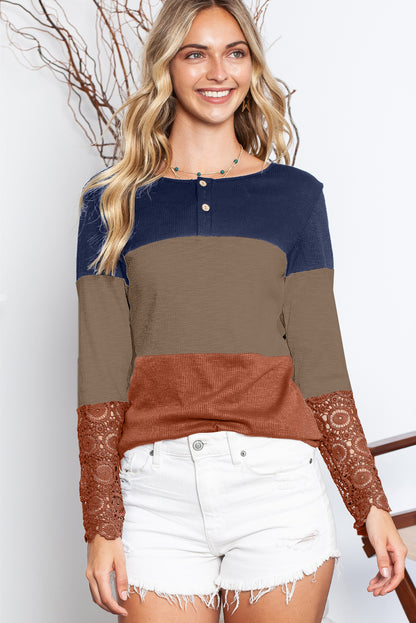 Color Block Ribbed Lace Crochet Sleeves Henley Shirt for Women