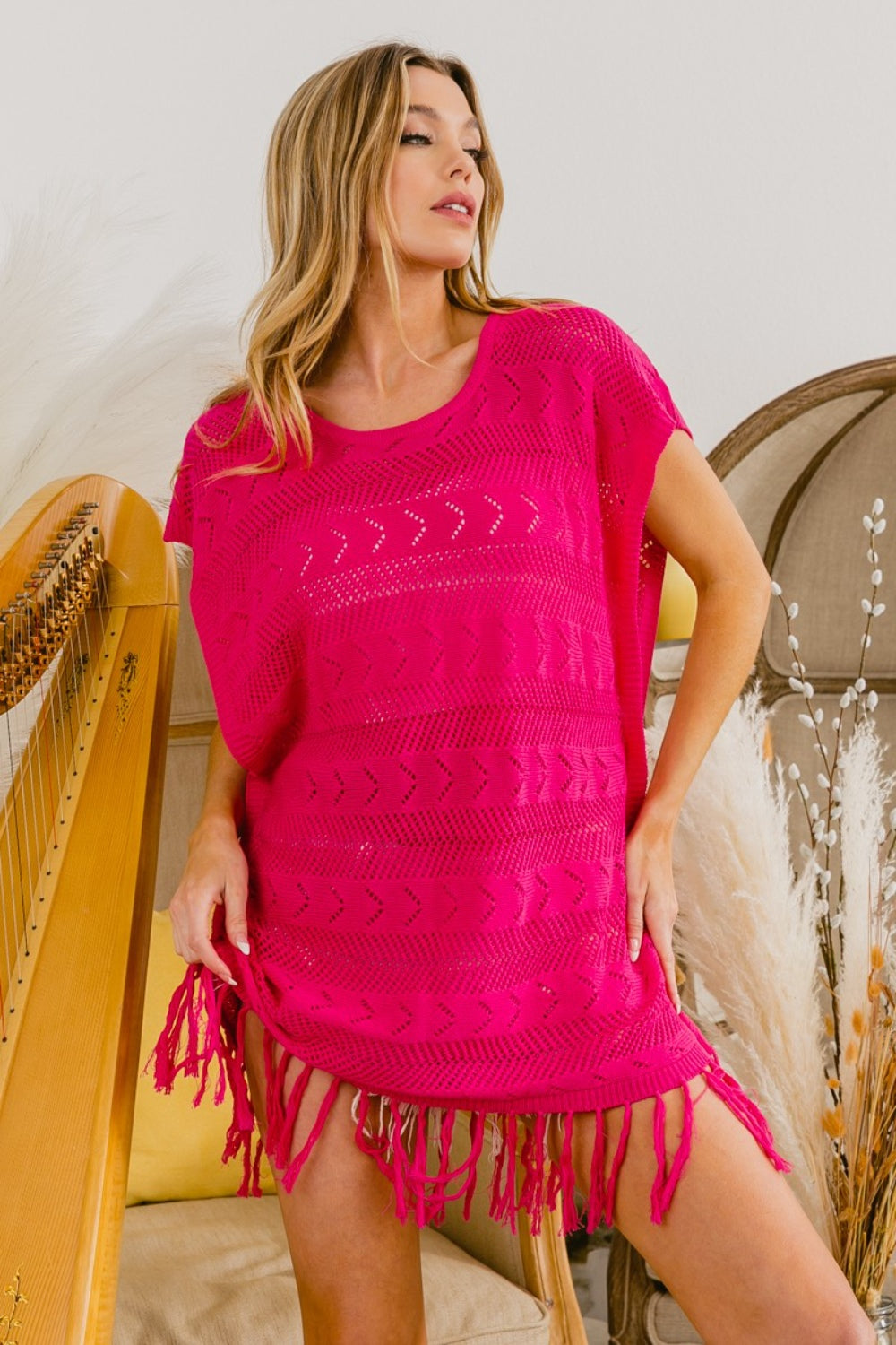 Cotton Fringed Hem Knit Top - Fuchsia