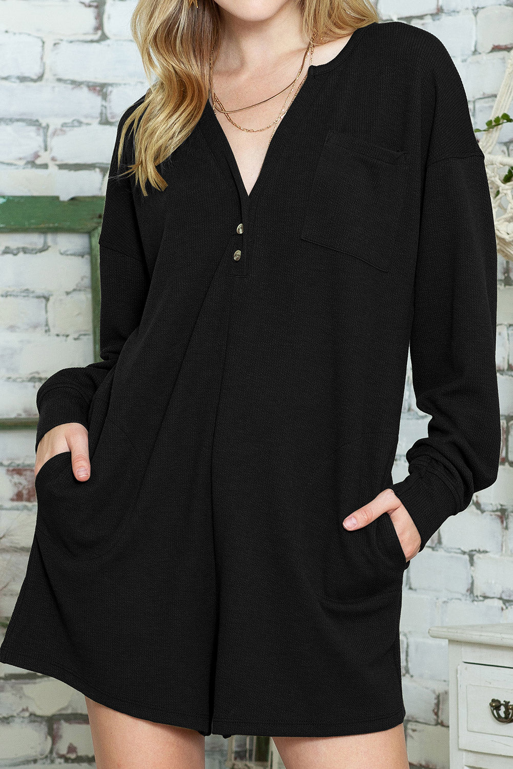 Black Casual Henley Neck Pocketed Romper
