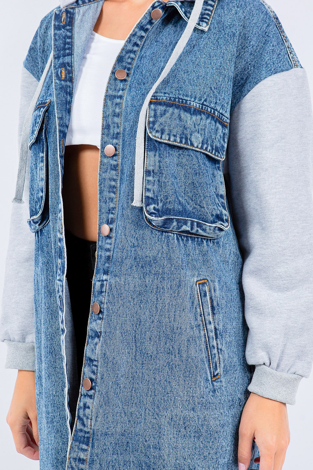 Contrast Longline Hooded Denim Jacket