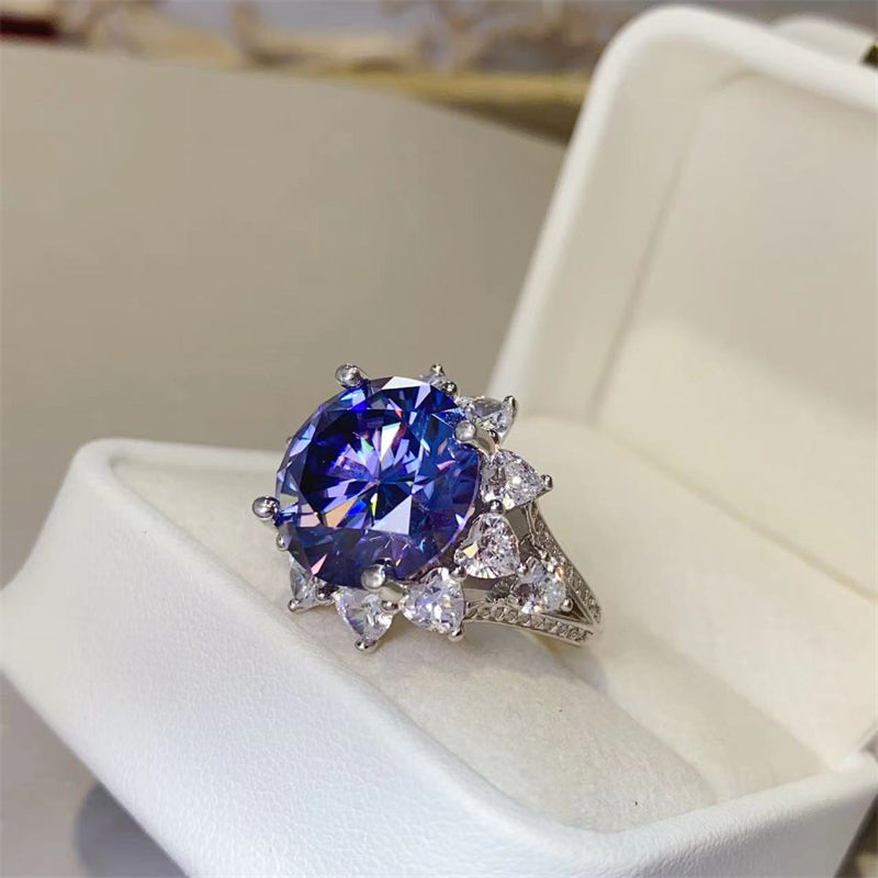 Azure Petal Round 10 Carat Moissanite 925 Sterling Silver Flower Shape Ring