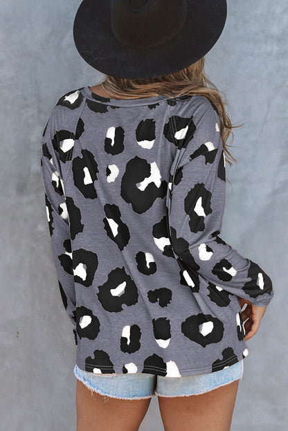 Leopard Print Drop Shoulder Pullover Long Sleeve Top