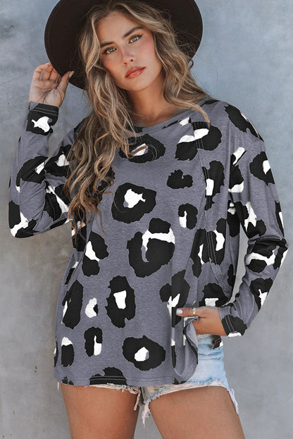 Leopard Print Drop Shoulder Pullover Long Sleeve Top