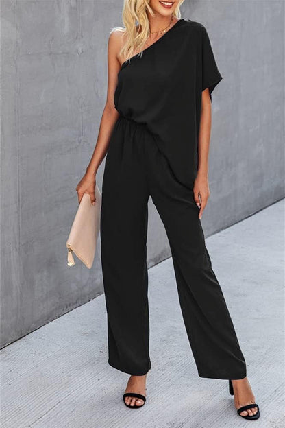 Single Shoulder Short Sleeve Jumpsuit - Black