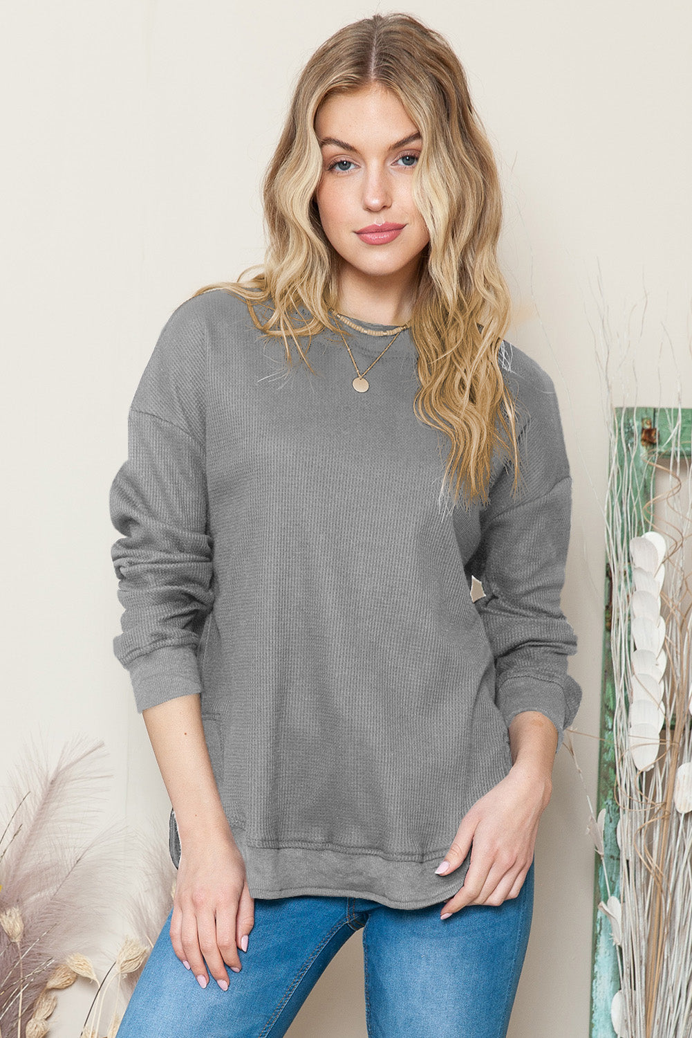 Grey Plain Crew Neck Ribbed Trim Waffle Knit Long Sleeve Top