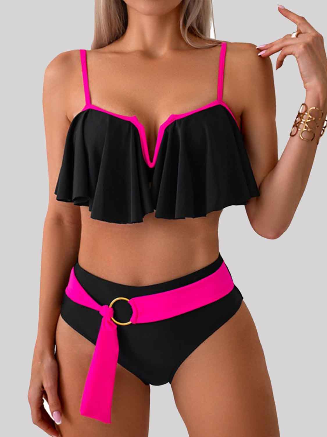 Spaghetti Strap Curtain Front Notched Bikini Set