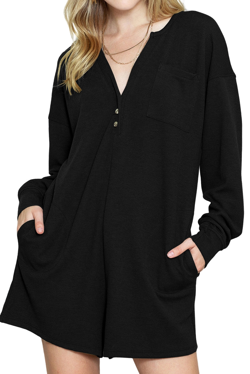Black Casual Henley Neck Pocketed Romper