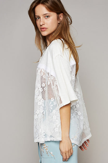 Round Neck Short Sleeve Lace Top