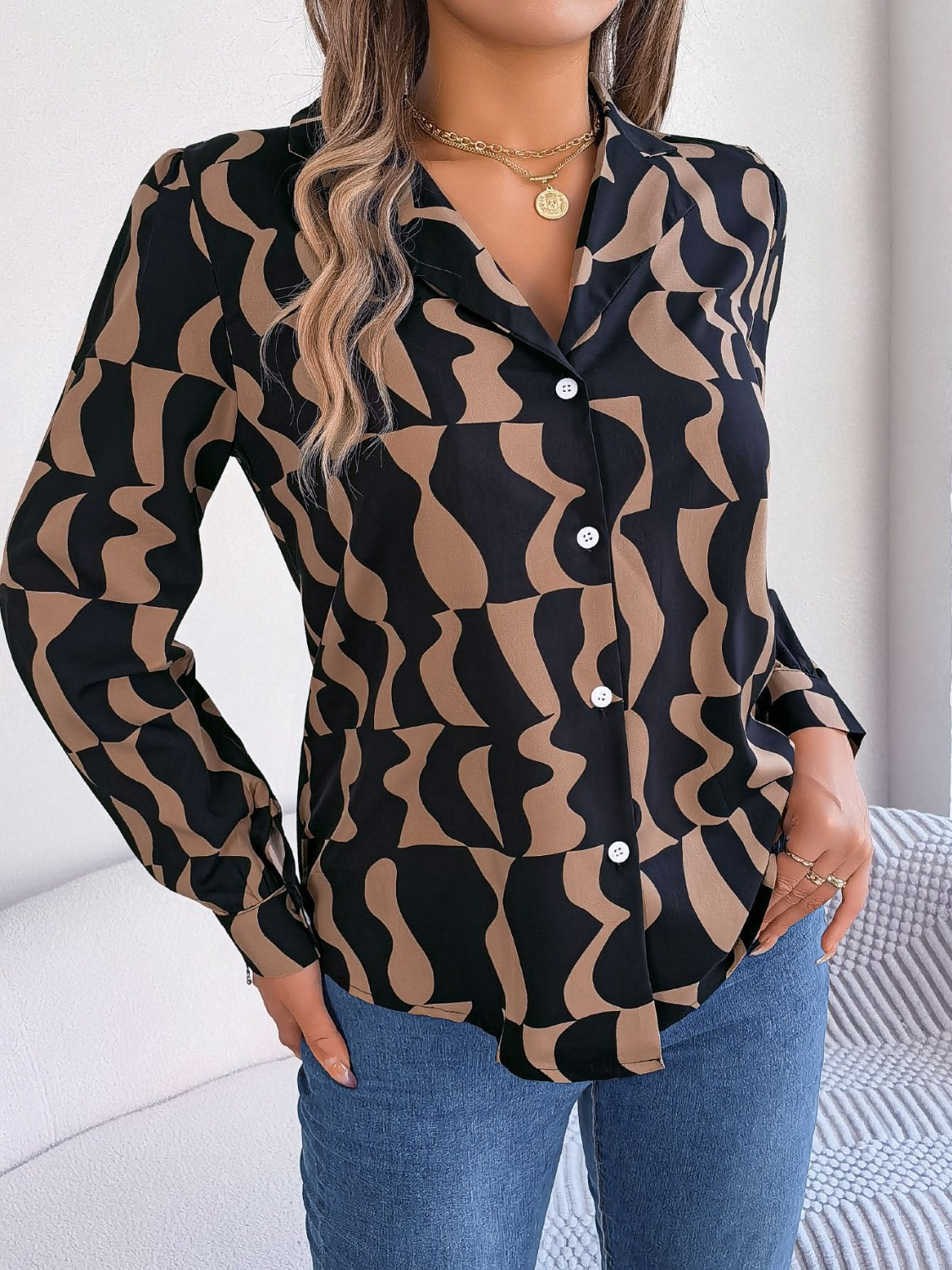 Printed Button Up Long Sleeve Shirt