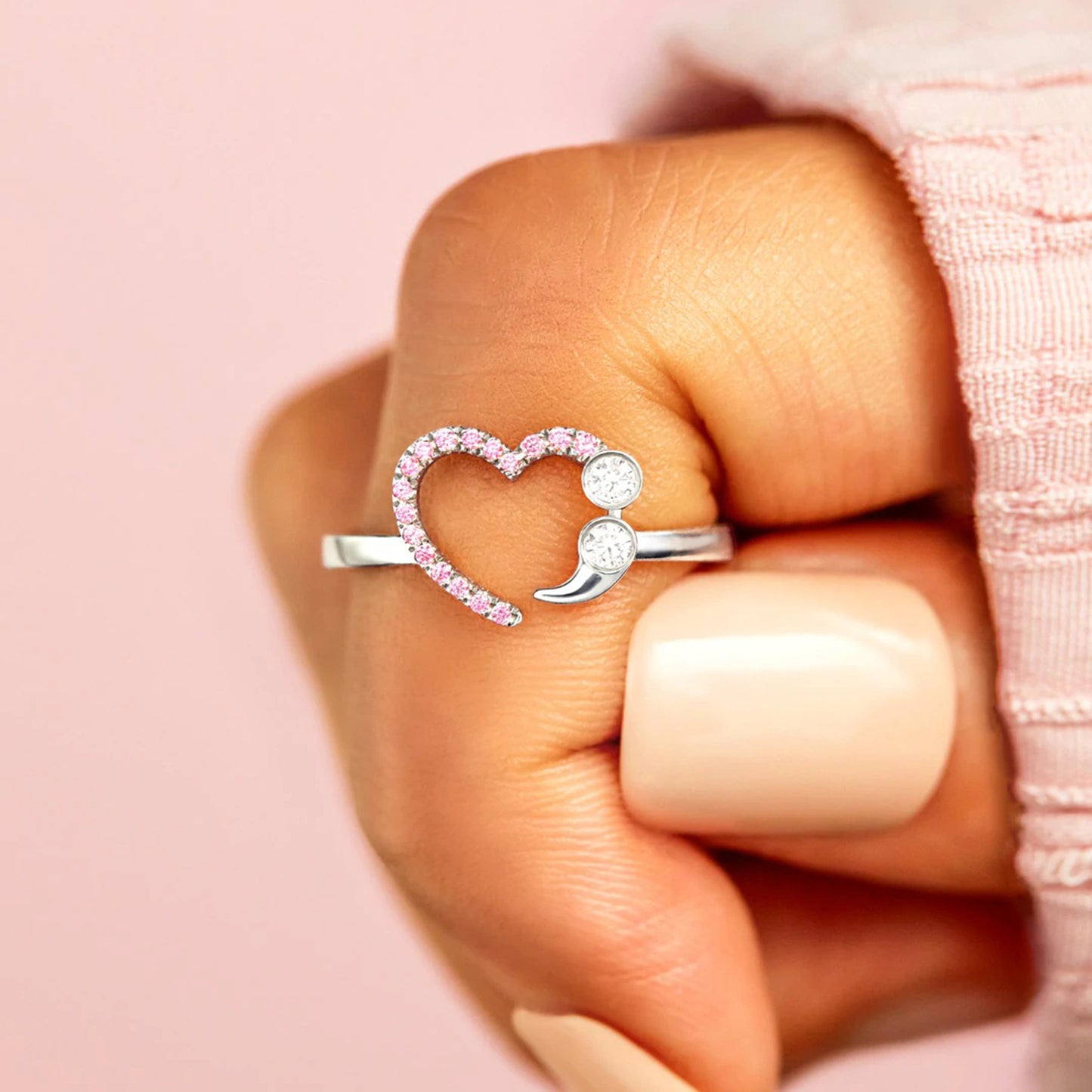 Semicolon Heart Sterling Silver Inlaid Zircon Ring