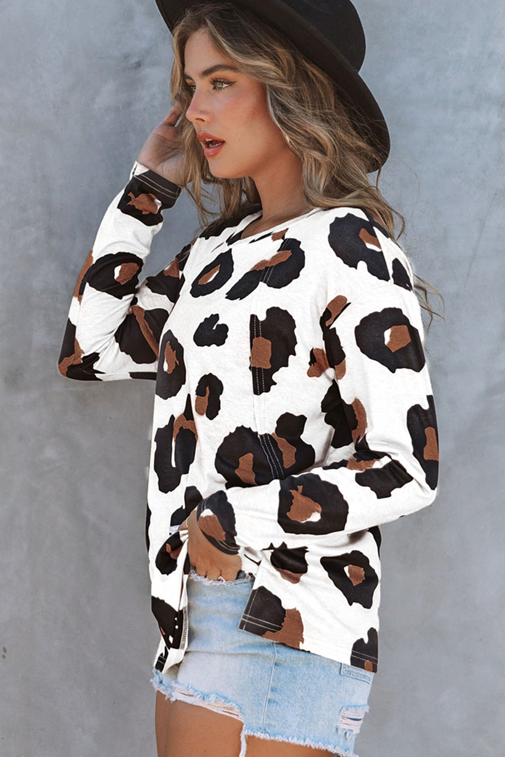 Leopard Print Drop Shoulder Pullover Long Sleeve Top