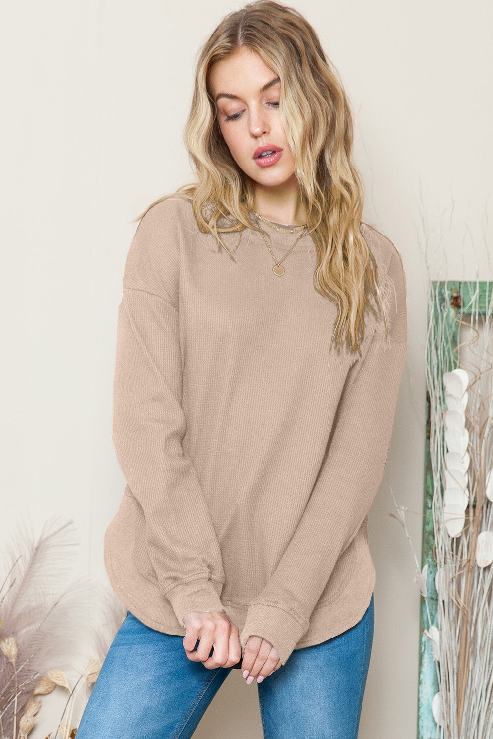 Grey Plain Crew Neck Ribbed Trim Waffle Knit Long Sleeve Top